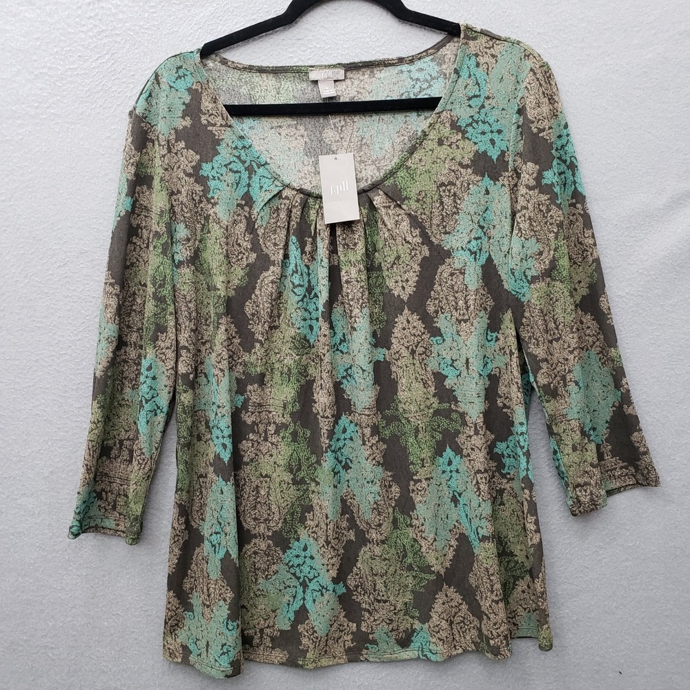 J. Jill Relaxed Fit Blouse Earthy Brown Green Fleur De Lis Romanic Parisian M
